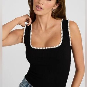 Elegant Black knit Sleeveless Top with Pearl Detail